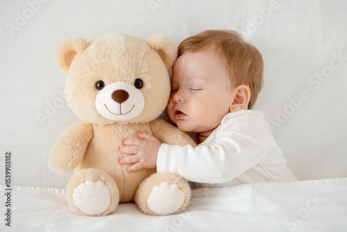 A beautiful baby boy sleeps peacefully in a white bed, gently hugging his favorite soft teddy bear.