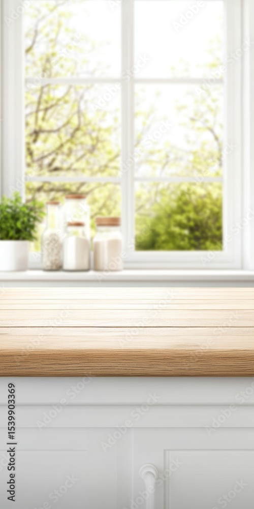 Fototapeta premium Modern empty kitchen countertop with natural light and plant vase, perfect for product display.