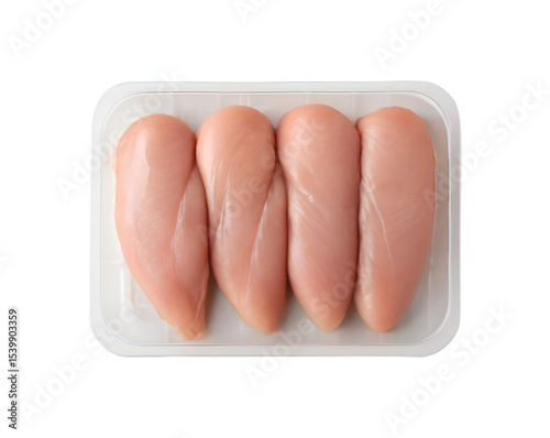 Four raw chicken breasts in tray isolated on transparent background