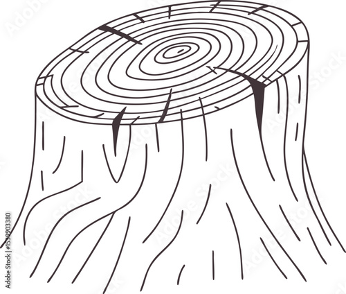 Hand-drawn tree stump illustration with growth rings and bark texture, ideal for forest education, woodworking graphics, rustic design, eco-themed posters, and vintage-style projects.

