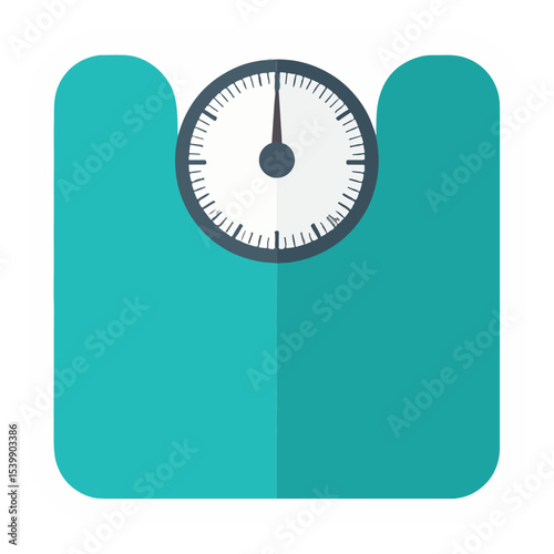 A tealcolored weighing scale with rounded edges featuring a circular white dial with a needle pointing straight up