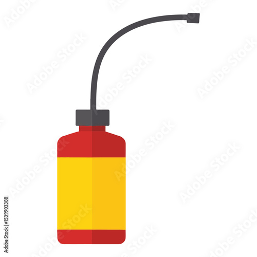 A red squeeze bottle with a yellow label and a black curved nozzle extending from the top