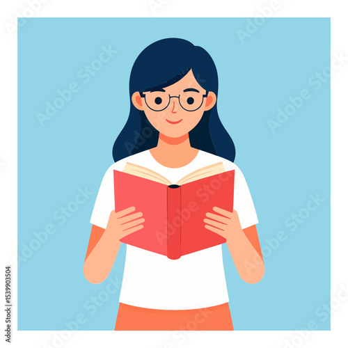 A woman with dark hair and glasses is shown from the waist up as she reads an open red book against a blue background