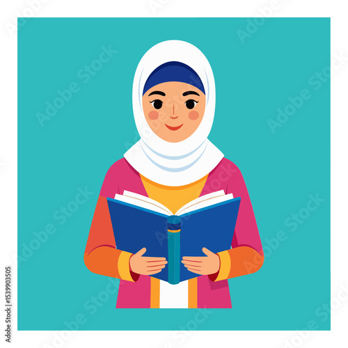 A person with a white hijab reads a blue book on a turquoise background They wear a pink coat over an orange top