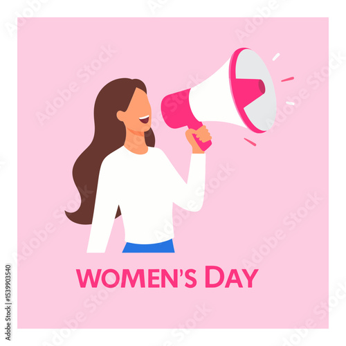A woman holds a pink and white megaphone with the words WOMENS DAY below set against a pink background