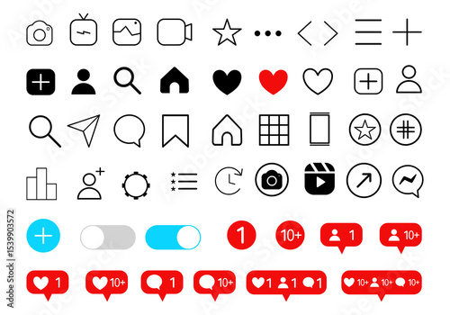 Set of social media icons, Social media notifications icon, like, follower, home, camera, user, search, bubble, comment and view buttons. Vector illustration design.