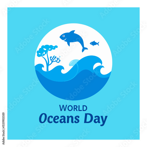 A blue World Oceans Day graphic with sea waves fish tree and text set in a round white frame over a light blue background
