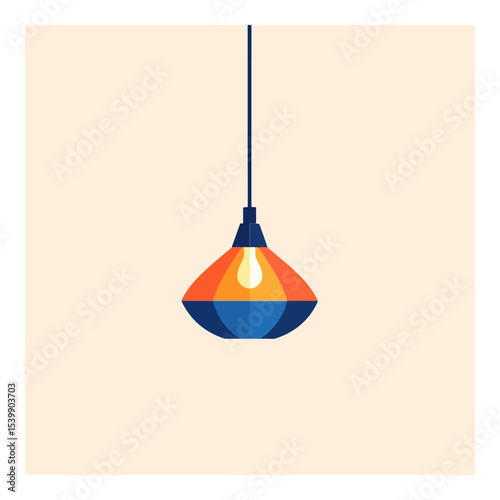 A colorful stylized hanging light fixture with a blue base orange upper and a light bulb suspended by a black wire