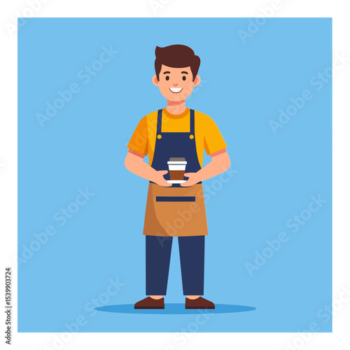 Cartoon barista holds coffee wearing a mustard shirt dark blue apron and pants on a light blue background