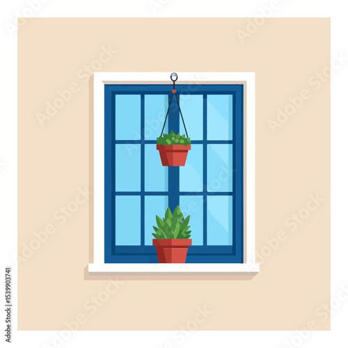 A window with two plant pots one hanging and one on the window sill