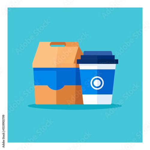 A tan takeout box sits next to a blue and white coffee cup all on a light blue background