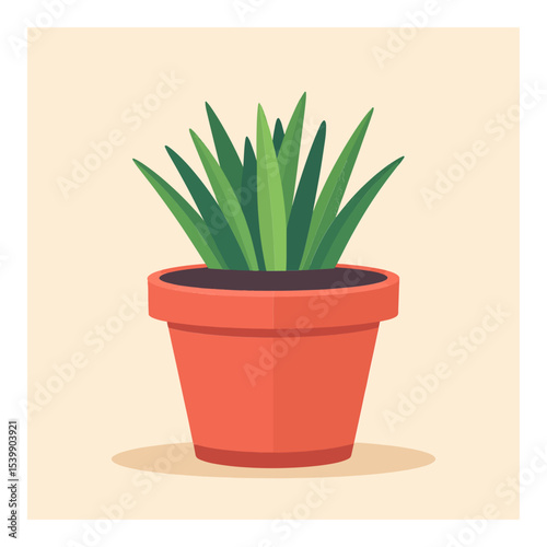 A potted plant with green leaves sits on a beige surface its red clay pot adding a touch of earthiness