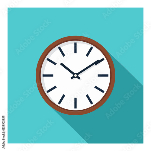A cartoon clock with a brown border white face and black hands is set against a teal background casting a long shadow