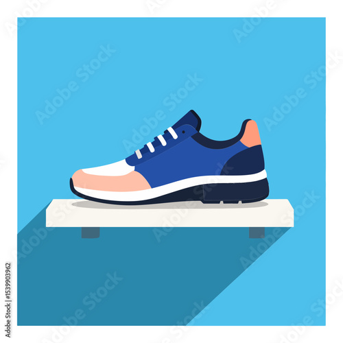 A single running shoe sits on a white shelf with supports against a blue backdrop with a visible shadow