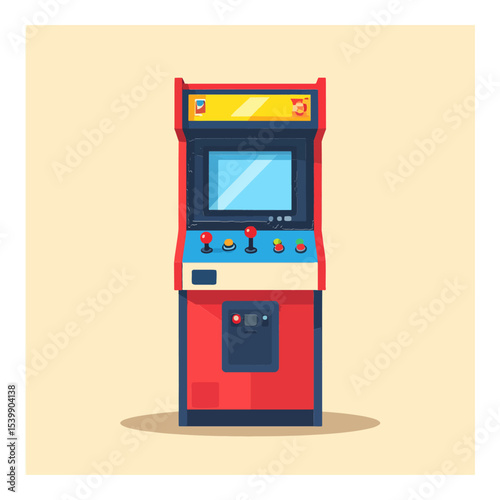 A pixelated red arcade machine with yellow accents and a blue screen stands on a tan background