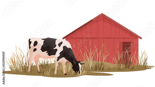 Digital illustration depicting a black and white cow grazing in a field of dry, tan grass in front of a simple red barn. The style is cartoonish or illustrative, with flat coloring and minimal