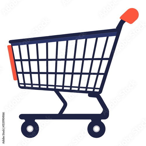 A shopping cart is depicted with a red handle and front guard set against a white background