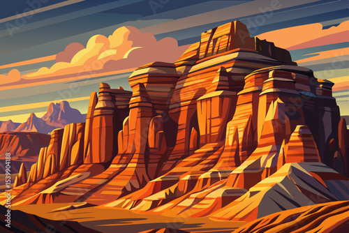 Layered sandstone cliffs in a sunlit southwestern desert vibrant vector illustration ideal for geology, nature travel, arid landscapes, or American Southwest themes