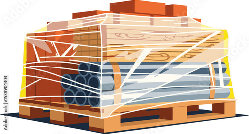 Construction Materials Bundled Securely on a Wooden Pallet