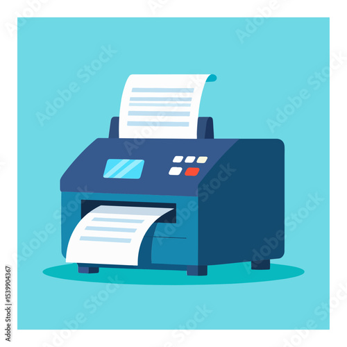A blue printer with paper emerging from the front and sitting on top against a blue background