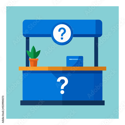 Information booth illustration with two question marks a plant and a blue counter
