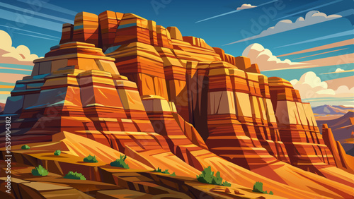 Layered sandstone cliffs in a sunlit southwestern desert vibrant vector illustration ideal for geology, nature travel, arid landscapes, or American Southwest themes