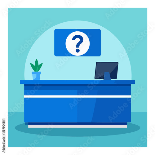 A reception desk with a blue counter monitor small plant  a sign with a question mark against a light blue background