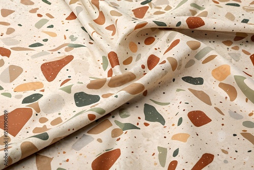 Elegant terrazzo fabric showcasing a beige backdrop with irregular brown, orange, green, and gray speckles for refined design appeal photo