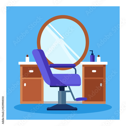 Barber shop scene A purple chair faces a round mirror between cabinets with bottles on top against a blue background