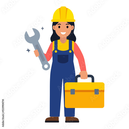 A cartoon woman in overalls and a hard hat holds a wrench and toolbox