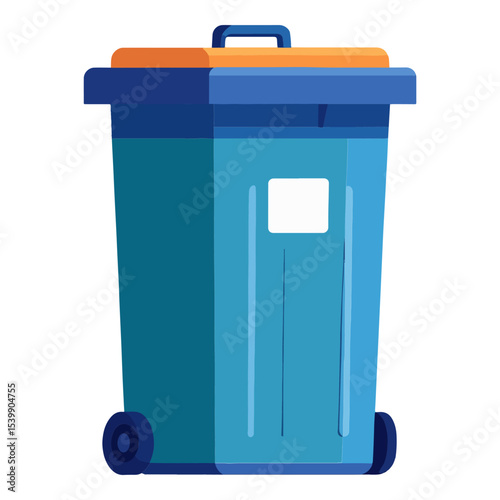A blue trash bin with wheels and an orange lid