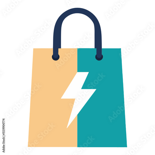 A shopping bag with a white lightning bolt on a divided tan  teal background and a dark blue handle