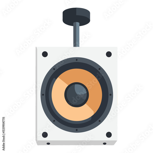 A greyandwhite loudspeaker is mounted displaying a tan cone shadowed and surrounded by screws