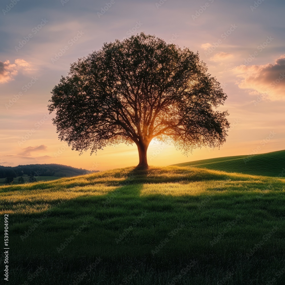 Obraz premium Solitary Tree at Sunset: A majestic oak tree stands silhouetted against a vibrant sunset, its branches reaching towards the heavens.