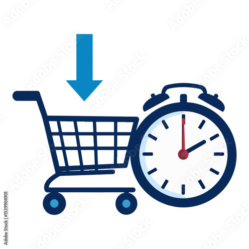A shopping cart and a clock face are depicted with an arrow pointing downward toward the cart