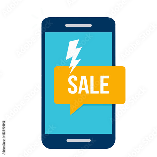 A blue cell phone shows a notification box with the word SALE and a white lightning bolt