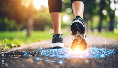Woman jogging park with fitness tech.