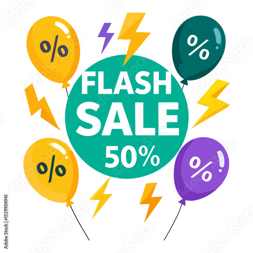 A teal circle with Flash Sale 50 in white surrounded by lightning bolts and balloons with percentage symbols