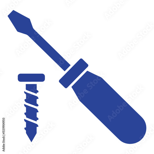 A blue screw lies next to a screwdriver