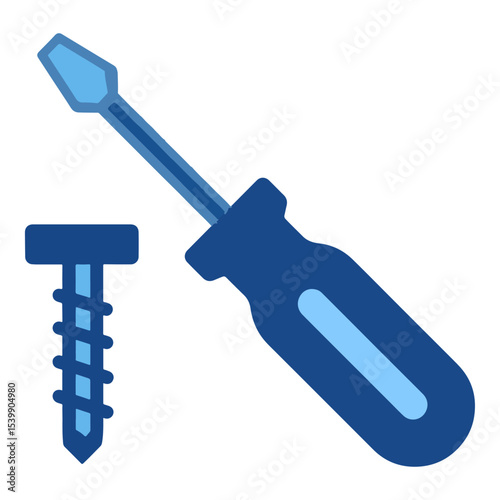A screw stands by a blue screwdriver