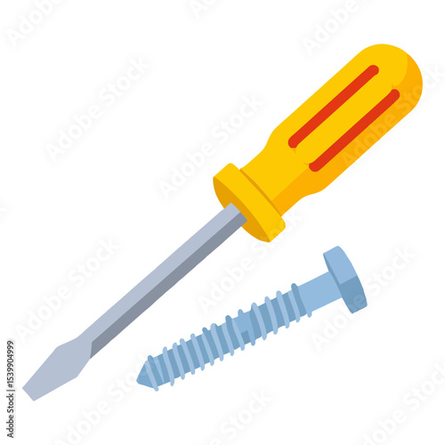 A yellowhandled flathead screwdriver alongside a blue screw on a white background