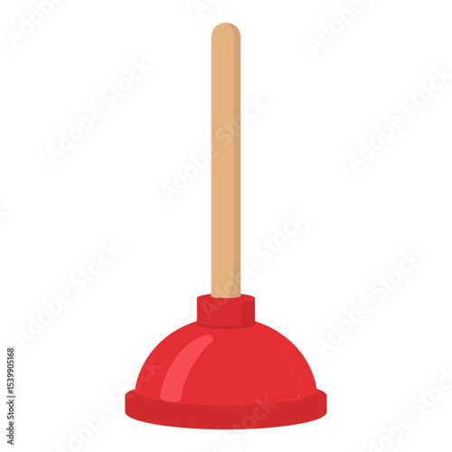 A red suction cup plunger with a light brown handle
