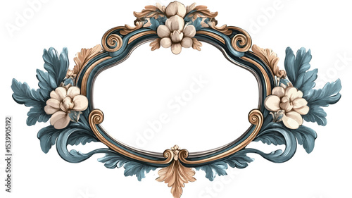 The image shows a digitally rendered illustration of an ornate oval frame. The frame is predominantly teal and gold with cream-colored floral details.  The floral elements consist of stylized white