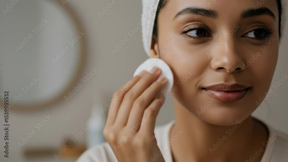 Close-up of a woman cleansing her face with a cotton pad in bathroom. Skincare routine for beautiful skin. Beauty video footage. Close-up of a woman cleansing her face with a cotton pad in bathroom. Skincare routine for beautiful skin. Beauty video footage.
