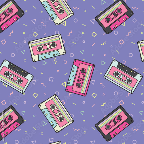 Seamless pattern with audio tapes in retro 80s style