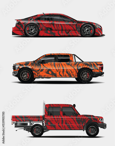 Three Vehicles with Abstract Red and Black Wrap Designs