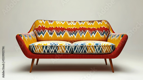 Colorful mid-century modern sofa with vibrant geometric patterns and wooden legs, showcasing a stylish design element for contemporary interior decor and comfort