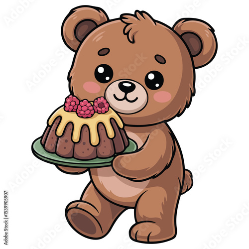 Teddy bear holding birthday cake vector isolated white background