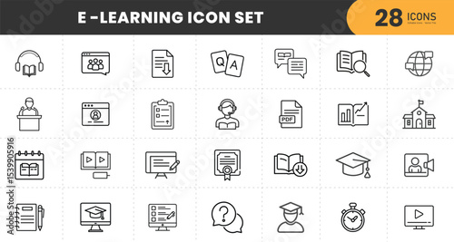  E-Learning Line Icons. Editable Stroke. Pixel Perfect. For Mobile and Web. Contains such icons as Book, Audiobook, Webinar, Online Education, Trophy.
