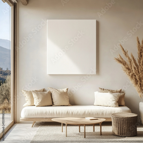 Minimalist interior mockup with blank canvas above a comfortable sofa setting